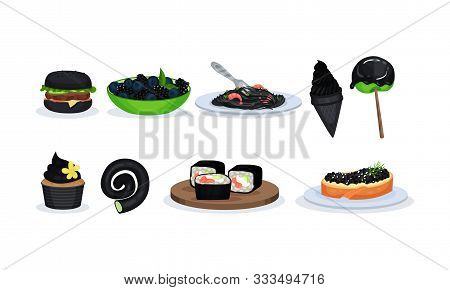 Big Set With Snacks And Meals With Components Of Black Color Vector Illustration