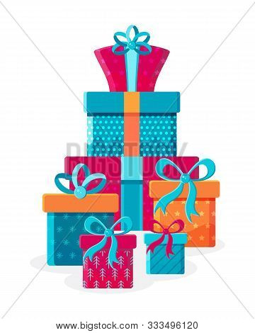 Big Pile Of Colorful Wrapped Gift Boxes. Mountain Gifts. Beautiful Present Box With Overwhelming Bow