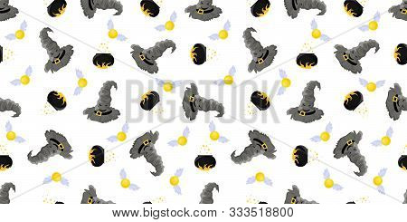 Seamless Pattern Magic And Sorcery. Hat Of Predictions And A Broom For Flying. Hogwarts School..
