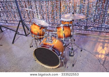 Drum-kit, Drum-set, Percussion Instrument, Drumkit . Drum Set In Sound Recording Studio. Drum Kit In