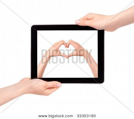 손을 잡고 디지털 태블릿