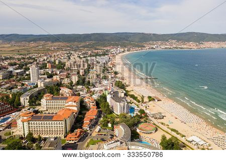 Suny Beach, Bulgaria - August 09, 2019: Aerial Image A Drone Resort In Bulgaria On Black Sea Coast. 