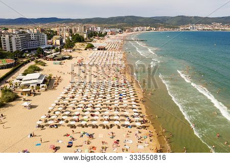 Suny Beach, Bulgaria - August 09, 2019: Aerial Image A Drone Resort In Bulgaria On Black Sea Coast. 