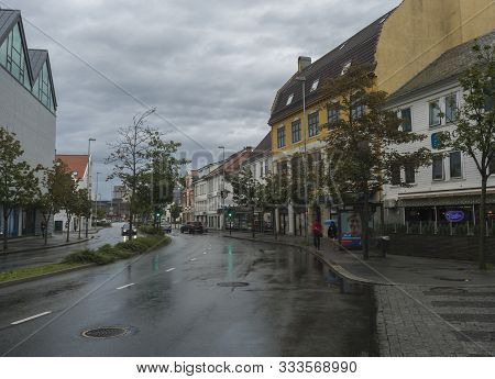Stavanger, Norway, September 9, 2019 : Street With Traditional White Wooden Houses In Gamle Stavange
