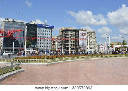 Istanbul, Turkey - September 8th 2019. Tourists And Locals Walk Around Taksim Square In Beyoglu Duri