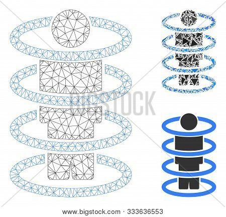 Mesh Person Teleportation Model With Triangle Mosaic Icon. Wire Frame Polygonal Network Of Person Te