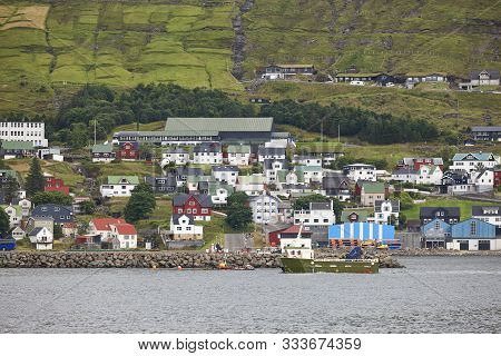 Picturesque Colorful Village Of Vestmanna In Feroe Islands. Atlantic Ocean