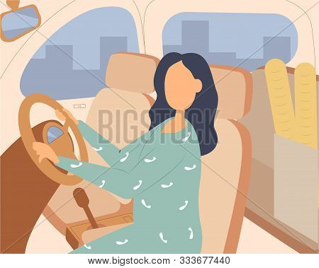 People Driving Car Flat Vector Illustrations Set. Road Trip Concept. Female Shopaholic Riding With P