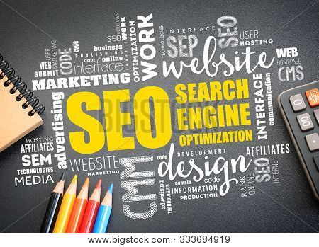 Seo (search Engine Optimization) Word Cloud Collage, Technology Concept Background
