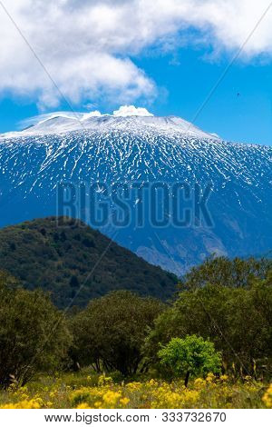 View On Dangerous Active Stratovolcano Mount Etna On East Coast Of Island Sicily, Italy