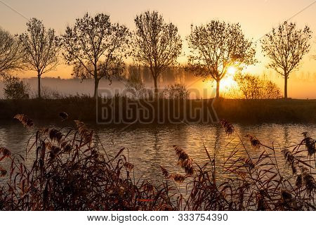 Zevergamse Scheldemeersen During A Foggy Morning Along The Scheldt In Zevergem, Belgium