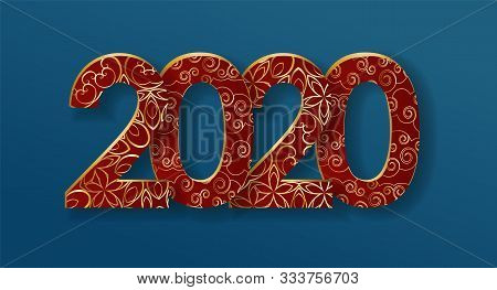 2020 Chinese New Year, Creative Date Design, Red And Gold Volumetric Numbers With Stylized Floral Or