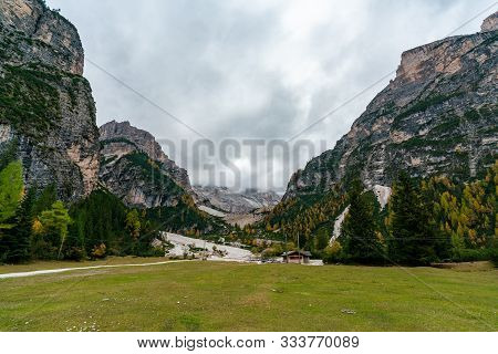 Panoramic View Of The Mountains At The Rautal Valley And The Pederu Refugio In South Tyrol