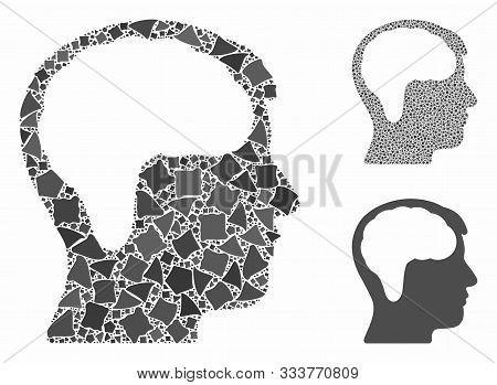 Brain Mosaic Of Raggy Items In Various Sizes And Color Hues, Based On Brain Icon. Vector Inequal Ite