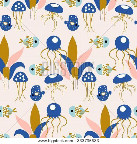 Pink And Golde Jellyfish, With Colotful Fishes In A Seamless Pattern Design
