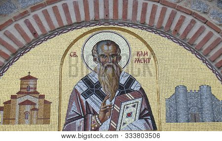 OHRID, MACEDONIA - MAY 04, 2019: St. Clement, mosaic over the entrance of the St. Clement and Saint Panteleimon church in Ohrid, Macedonia
