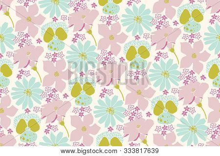 Vector Reapeat Seamless Pattern With Flowers. Cute Violet, Chicory And Zucchini Flowers. Ifabricsmag