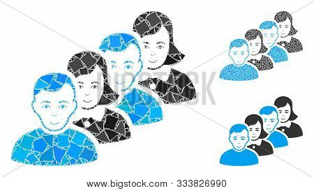 People Queue Mosaic Of Humpy Parts In Various Sizes And Color Hues, Based On People Queue Icon. Vect