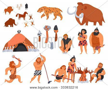 Primitive Men Their Tools And Weapons And Wild Animals Cartoon Icons Set Isolated On White Backgroun