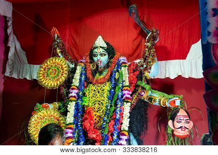 Kolkata,india - October 19, 2017 : Indian Hindu Goddess Kali Is Being Worshipped Inside Decorated Pa