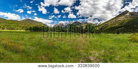 A Panoramic View Of Mount Chapin From Sheep Lakes At Rocky Mountain National Park In Colorado.