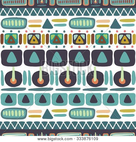 Colorful Tribal Pattern With Geometric Shaped Motifs. The Pattern Is Seamless With Horizontal Decora