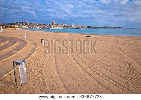 Frejus Sand Beach And Waterfront View, Famous Tourist Destination Of French Riviera, Alpes Maritimes