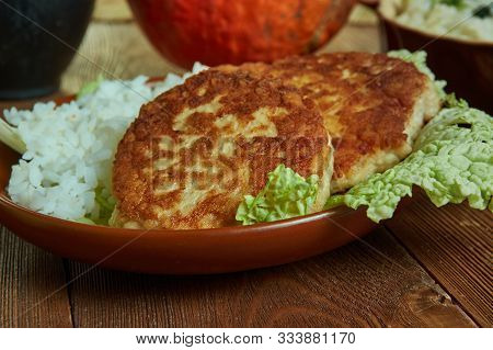 Boussan Touba, Bean Cakes , Burkina Faso Cuisine, Traditional Assorted African Dishes, Top View.