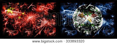China, Chinese Vs Belize, Belizean New Year Celebration Travel Sparkling Fireworks Flags Concept Bac