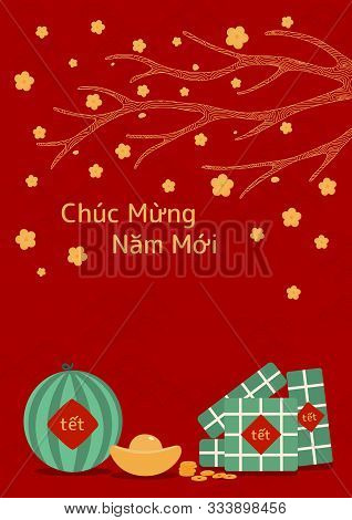 Hand Drawn Vector Illustration For Tet With Rice Cakes, Gold, Watermelon, Apricot Flowers, Vietnames