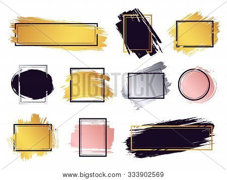 Glamour Ink Brush Frame. Gold Frame Elements, Commercial Boxes For Text, Ink Brush Stroke Border, Mo
