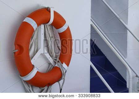 Lifebuoy Rings On Board For Rescuing Passengers. Lifebuoy Rings Mounted On The Boat Ready To Save Th