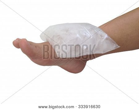 Compression Ankle With Ice On White Background. Isolate Ice Pack On White Background. Cold Compress 