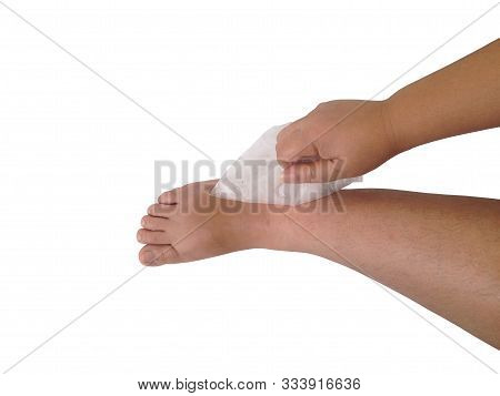 Compression Ankle With Ice On White Background. Isolate Ice Pack On White Background. Cold Compress 