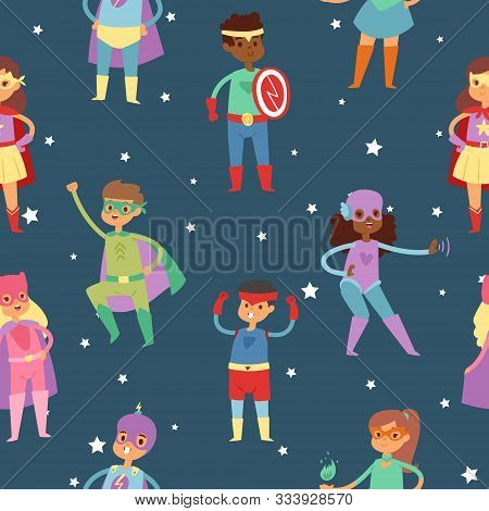 Superhero Kids In Costumes Vectorseamless Pattern. Children, Boys And Girls Dressed In Super Hero Co