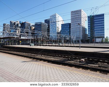 Oslo, Norway On July 2019: Scenic Skyscrapers Buildings Seen From Train Station In European Capital 