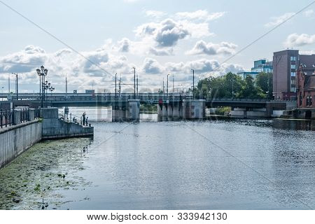Kaliningrad, Russia - August 5, 2019: Bridges Over Pregolya River At Cloudy Day.