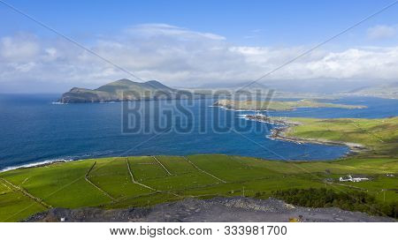 Beautiful View Of Valentia Island Lighthouse At Cromwell Point. Scenic Irish Countyside On Sunny Sum
