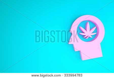 Pink Silhouette Of Male Head In Profile With Marijuana Or Cannabis Leaf Icon Isolated On Blue Backgr