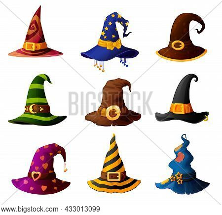 Witch, Magician Wizard Or Warlock Sorcerer And Mage Halloween Hats, Vector. Cartoon Caps Of Sorceres