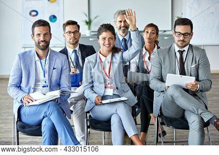 A Portrait Of A Young Businesspeople Audience During A Meeting And Presentation, Conference In The O