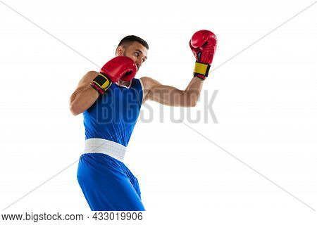 Portrait Of One Professional Boxer In Blue Uniform Training Isolated Over White Background. Uppercut