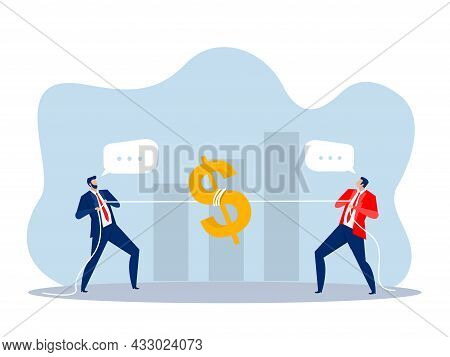Two Businessman Pulling Dollar As Symbol Of Competition, Conflict Concept  Vector Illustration In Fl