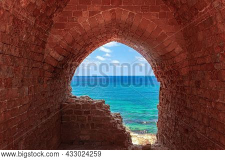 Apollonia Park, Israel. Mediterranean coast. Picturesque ruins of the medieval citadel of Arsuf and the Crusader Fortress. 