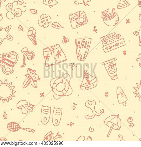 Seamless Summer Pattern. Hand Draw Accessories For Beach Holidays By The Sea. Doodle Illustration Fo