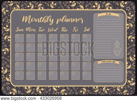Cute Monthly Planner. Vintage Illustrations For Halloween. Witchcraft, Magic. Potion, Caramel Apples