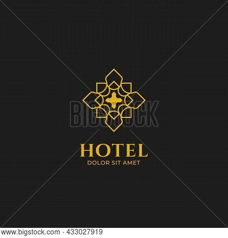 Abstract Flower Logo With Gold Line Outline Icon For Hotel, Spa, Or Jewelry