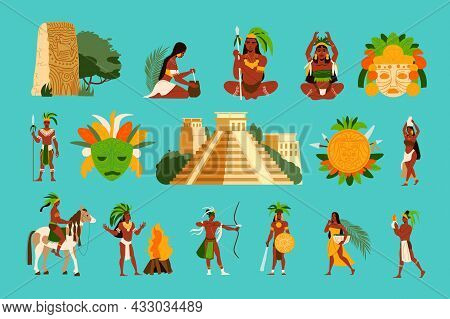 Maya Civilization Set In Flat Style With Mayan Women Men Pyramid Masks Idols Isolated On Color Backg