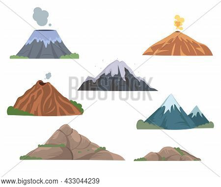 Mountain And Volcano Tops Flat Vector Illustrations Set. Rocks Of Different Shapes, Snowy Peaks, Roc