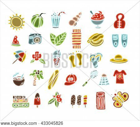 A Big Vector Doodle Summer Set. Hand Draw Accessories For Beach Holidays By The Sea. Flat Design Ill